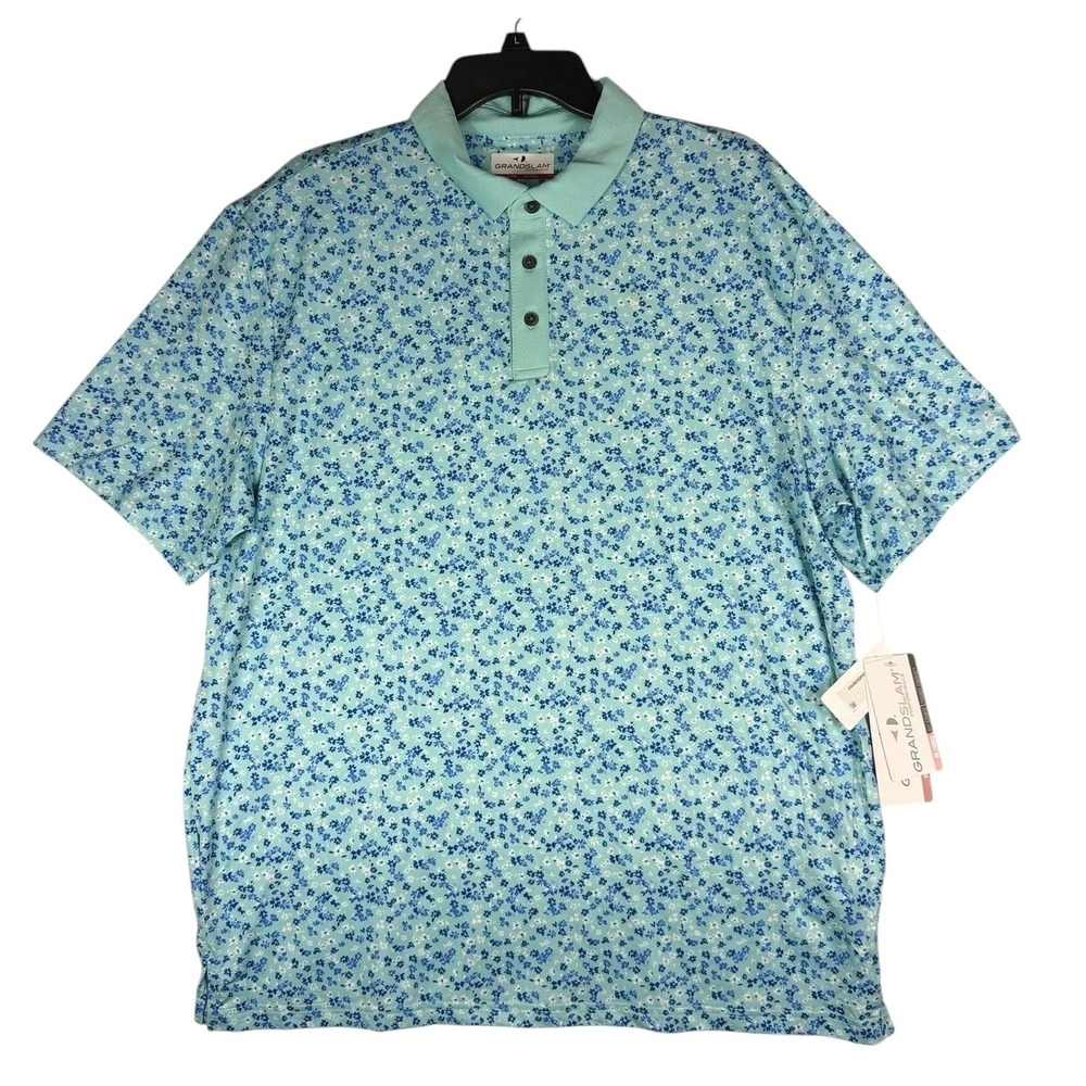 Grand Slam Performance Mens Polo Shirt L Pastel Turquoise Floral GSKSG010KO NWT‎